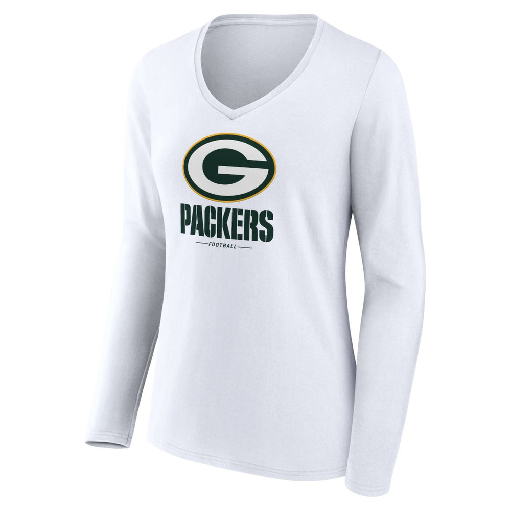 Green Bay Packers Women's Logo Team Lockup Long Sleeve V-Neck T-Shirt - White on sale