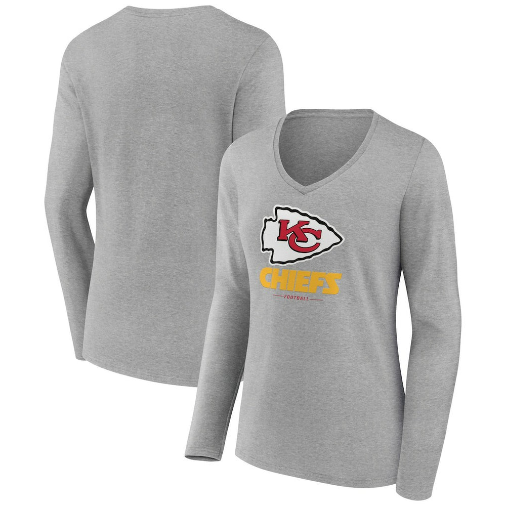 Kansas City Chiefs Women's Logo Team Lockup Long Sleeve V-Neck T-Shirt - Heather Gray discount