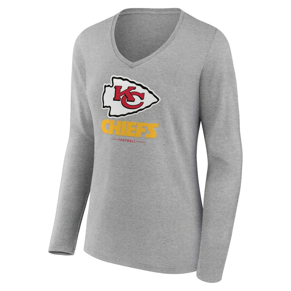 Kansas City Chiefs Women's Logo Team Lockup Long Sleeve V-Neck T-Shirt - Heather Gray discount