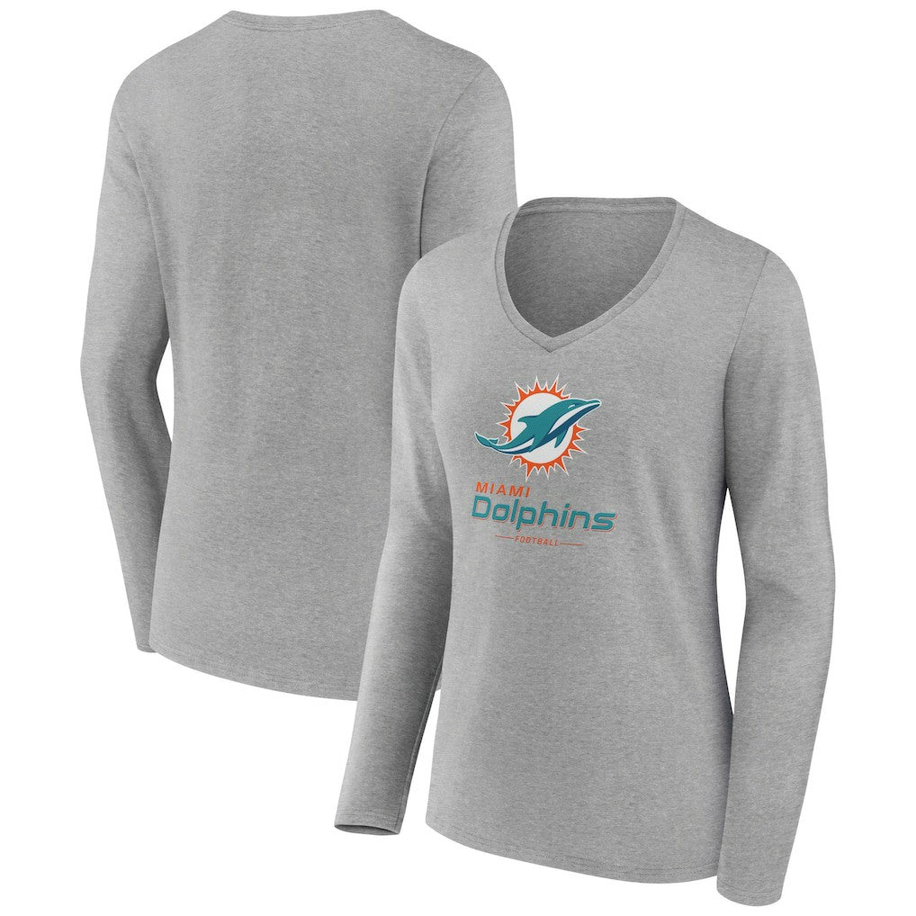 Miami Dolphins Women's Logo Team Lockup Long Sleeve V-Neck T-Shirt - Heather Gray online