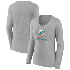 Miami Dolphins Women's Logo Team Lockup Long Sleeve V-Neck T-Shirt - Heather Gray online