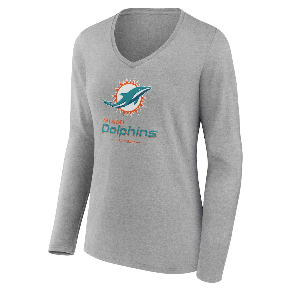 Miami Dolphins Women's Logo Team Lockup Long Sleeve V-Neck T-Shirt - Heather Gray online