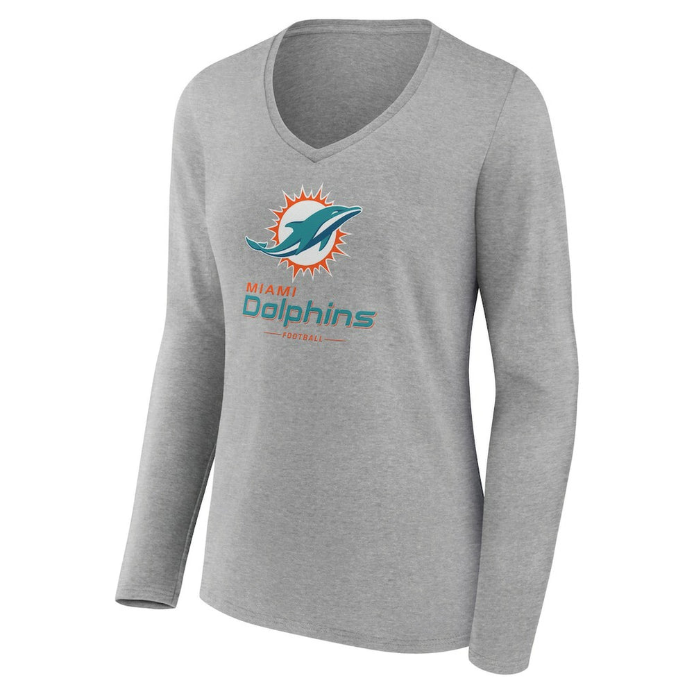 Miami Dolphins Women's Logo Team Lockup Long Sleeve V-Neck T-Shirt - Heather Gray online