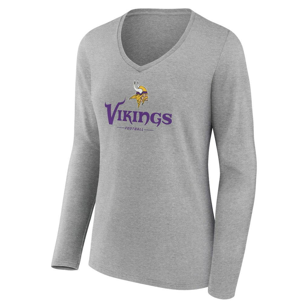 Minnesota Vikings Women's Logo Team Lockup Long Sleeve V-Neck T-Shirt - Heather Gray on sale