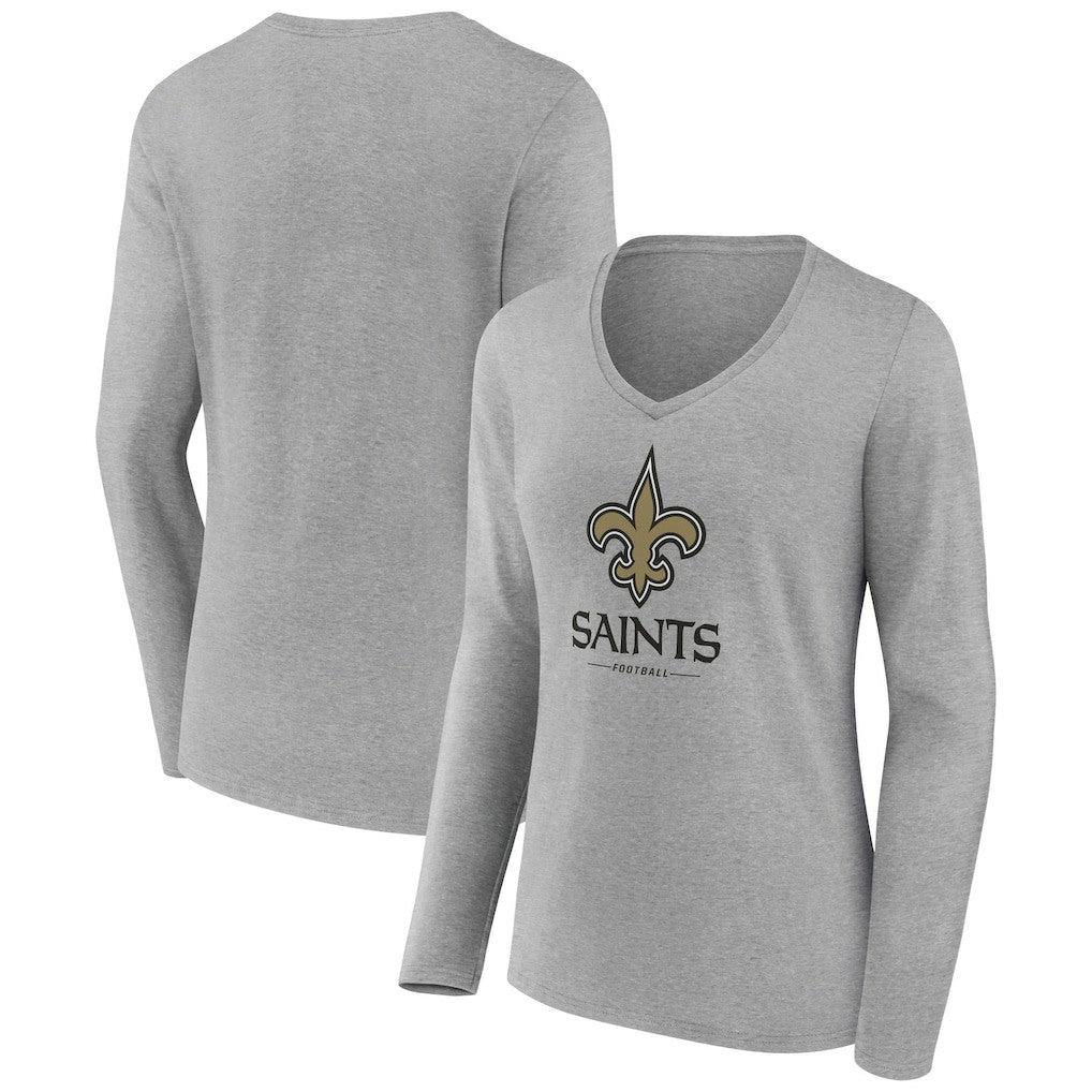 New Orleans Saints Women's Logo Team Lockup Long Sleeve V-Neck T-Shirt - Heather Gray discount