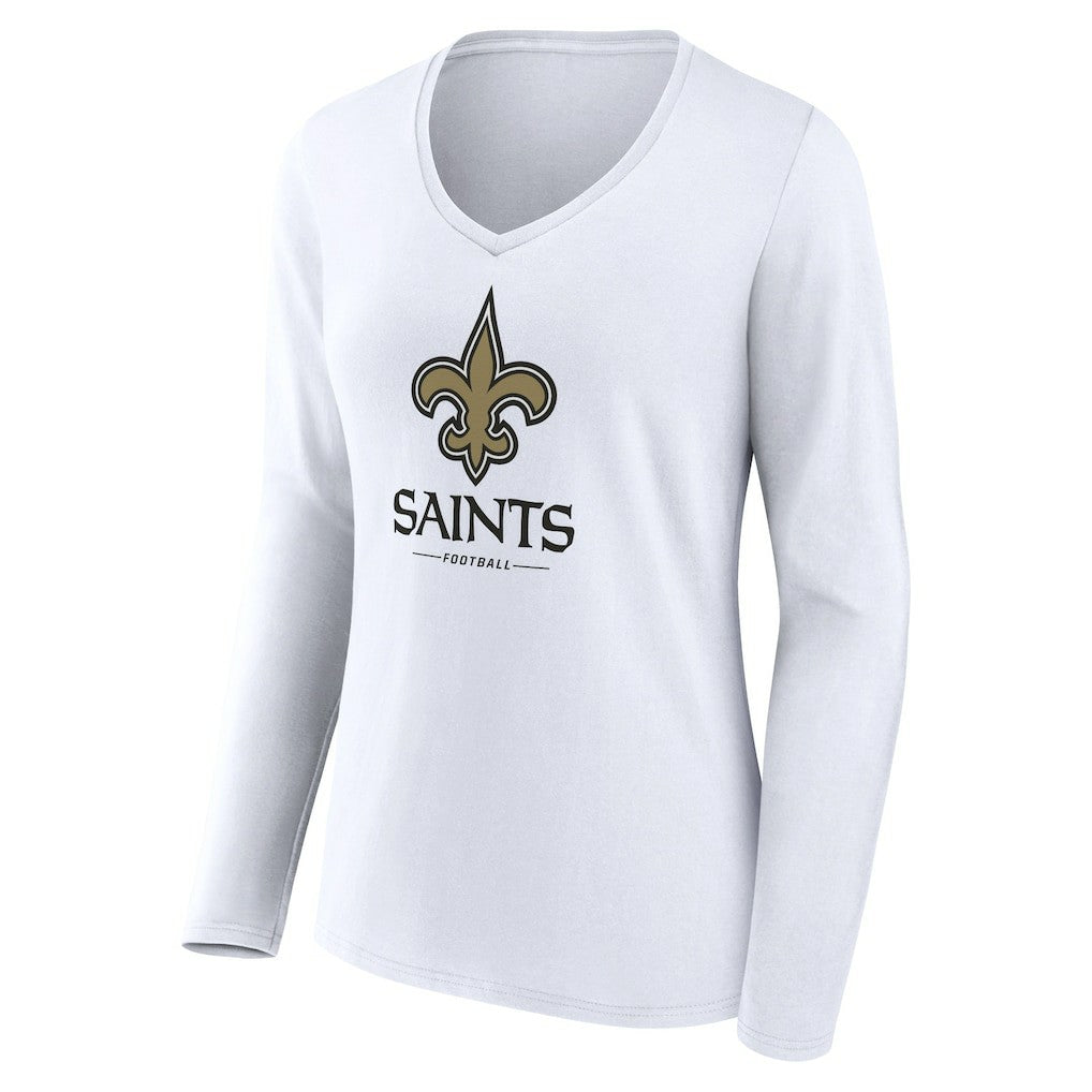 New Orleans Saints Women's Logo Team Lockup Long Sleeve V-Neck T-Shirt - White cheap