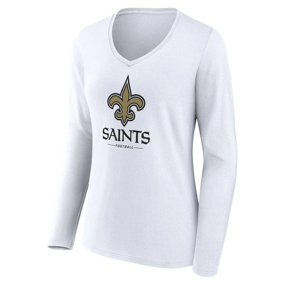 New Orleans Saints Women's Logo Team Lockup Long Sleeve V-Neck T-Shirt - White cheap