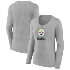 Pittsburgh Steelers Women's Logo Team Lockup Long Sleeve V-Neck T-Shirt - Heather Gray online