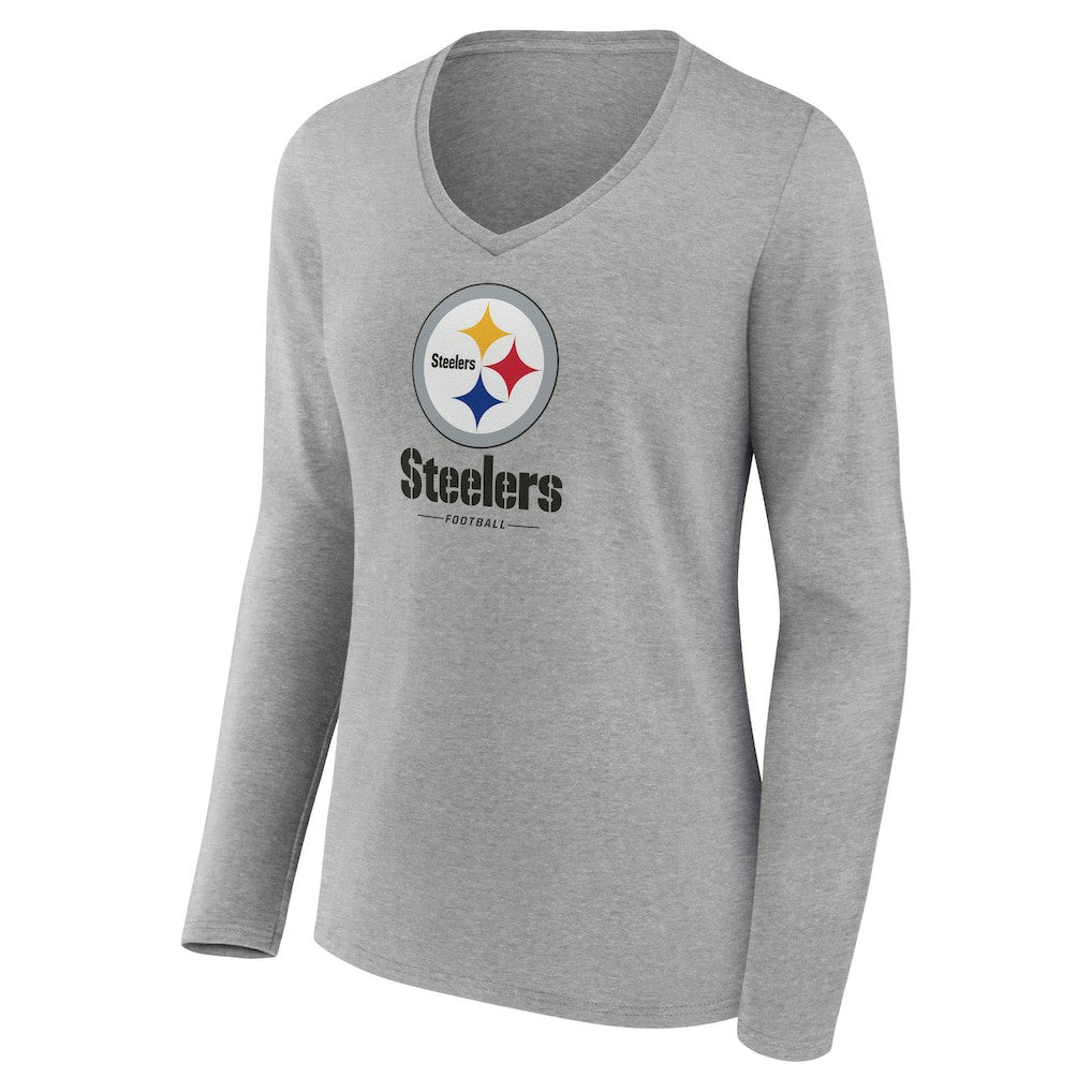 Pittsburgh Steelers Women's Logo Team Lockup Long Sleeve V-Neck T-Shirt - Heather Gray online
