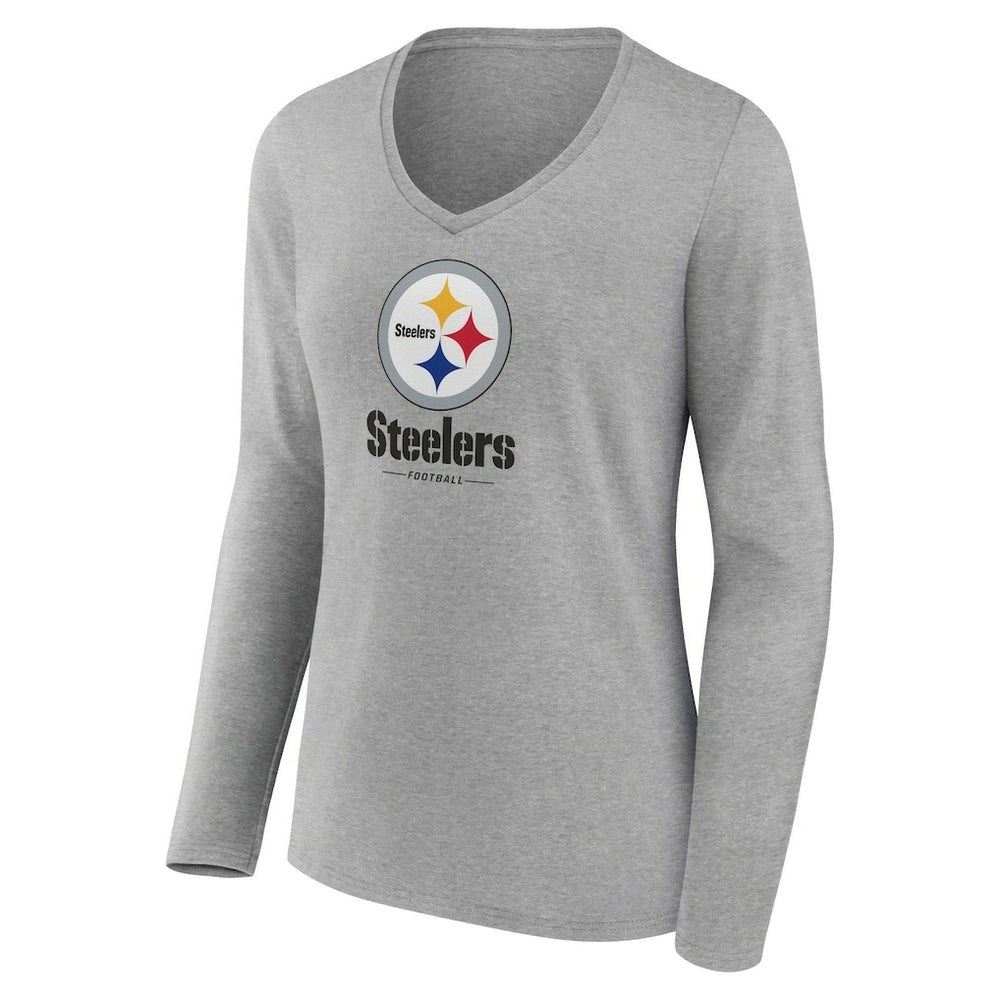 Pittsburgh Steelers Women's Logo Team Lockup Long Sleeve V-Neck T-Shirt - Heather Gray online