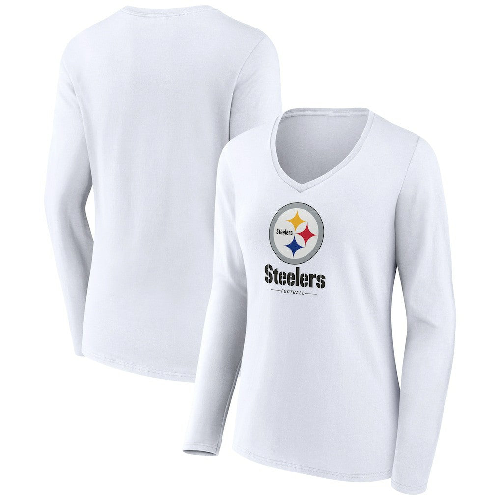 Pittsburgh Steelers Women's Logo Team Lockup Long Sleeve V-Neck T-Shirt - White online