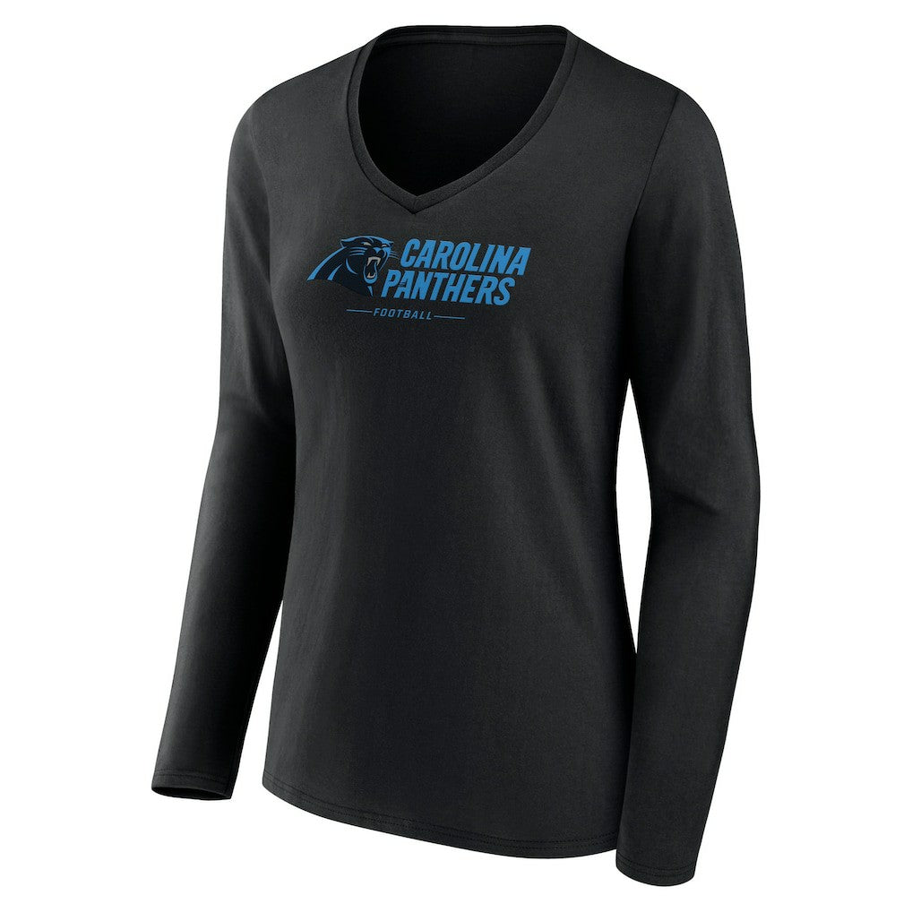 Carolina Panthers Women's Logo Team Lockup Long Sleeve V-Neck T-Shirt - Black for sale