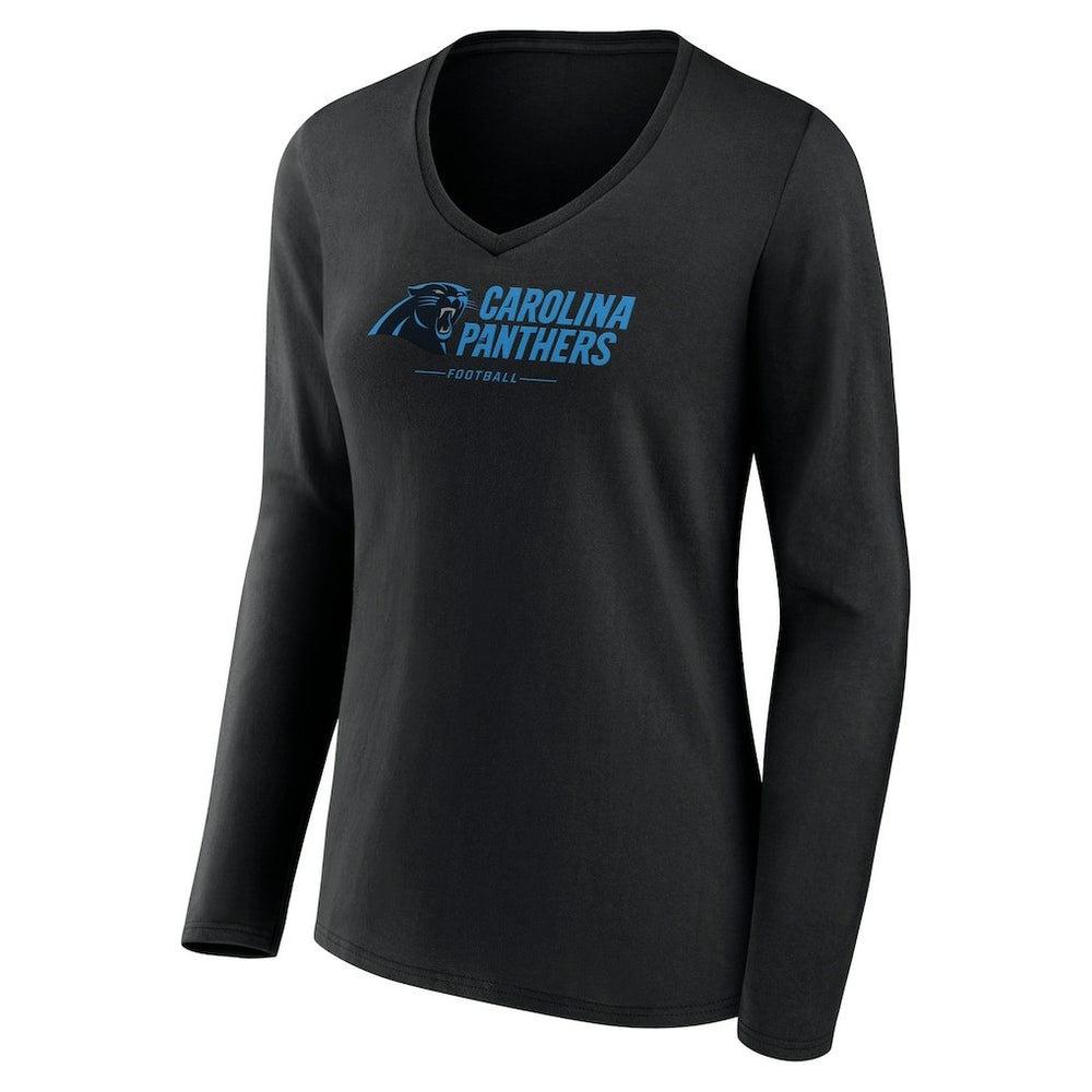 Carolina Panthers Women's Logo Team Lockup Long Sleeve V-Neck T-Shirt - Black for sale