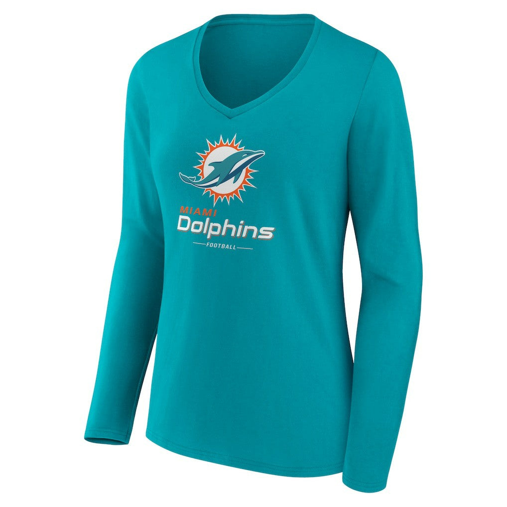 Miami Dolphins Women's Logo Team Lockup Long Sleeve V-Neck T-Shirt - Aqua online