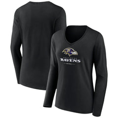 Baltimore Ravens Women's Logo Team Lockup Long Sleeve V-Neck T-Shirt - Black for sale