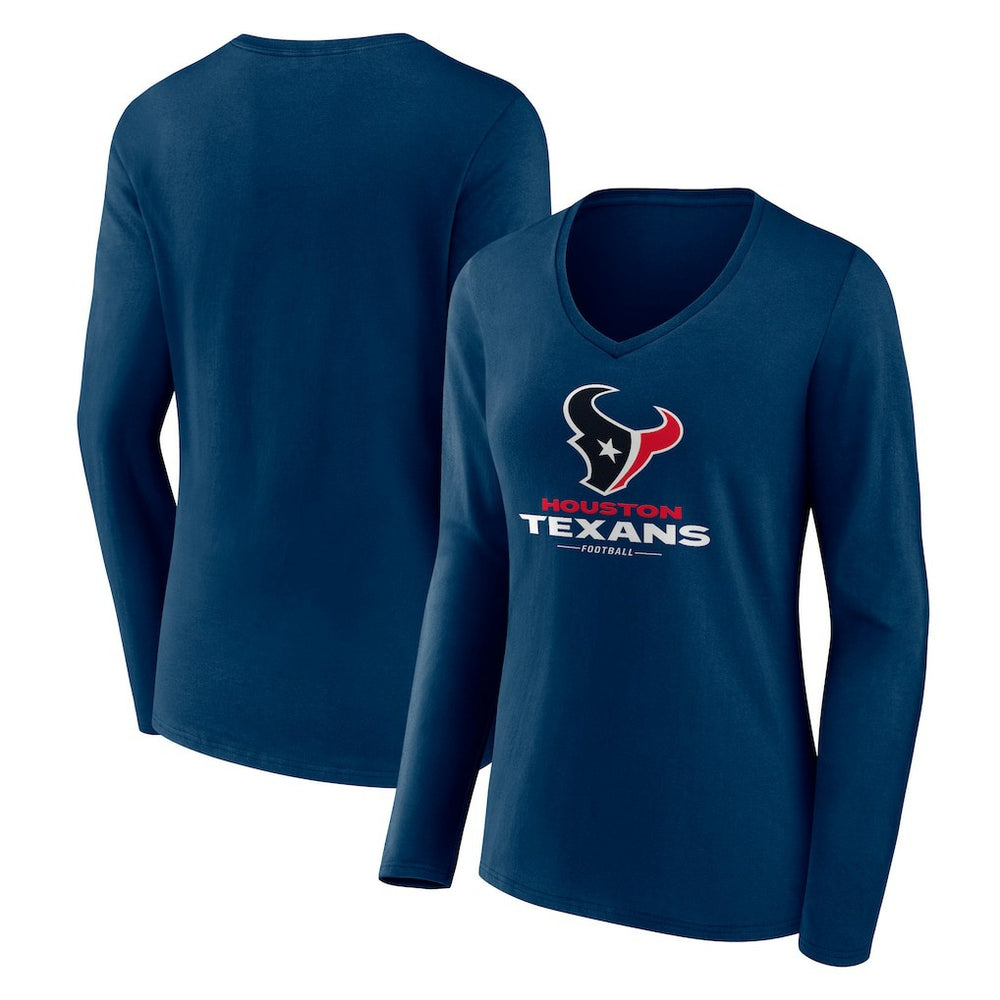 Houston Texans Women's Logo Team Lockup Long Sleeve V-Neck T-Shirt - Navy sale