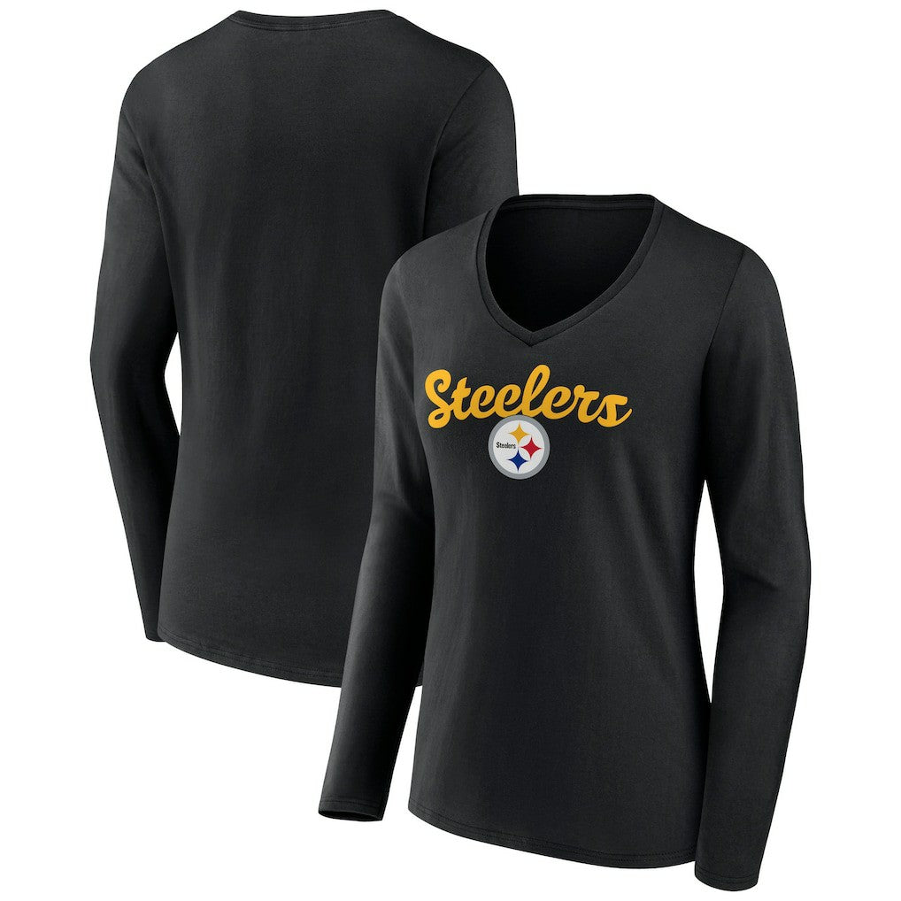 Pittsburgh Steelers Women's Freehand Team Long Sleeve V-Neck T-Shirt - Black for sale