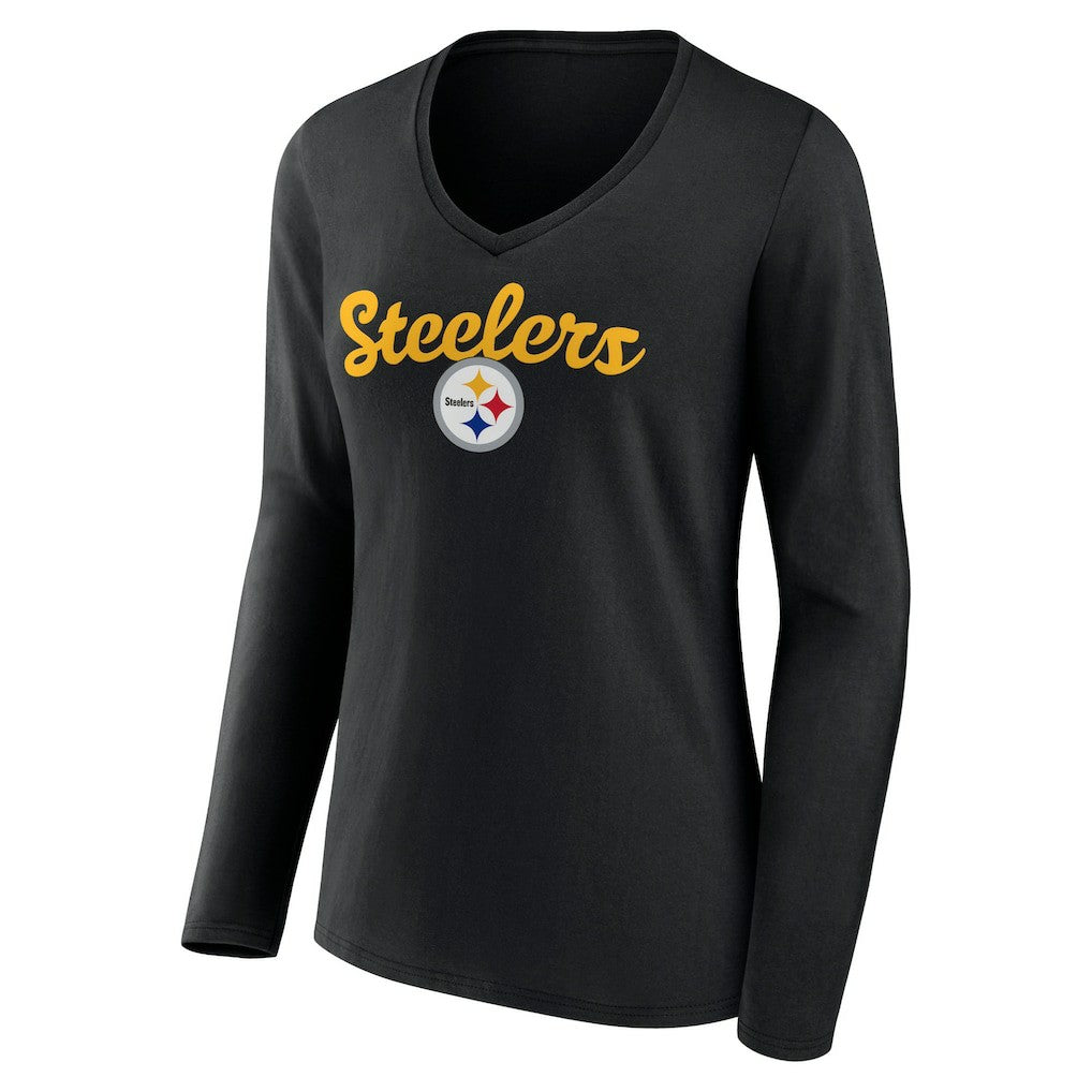 Pittsburgh Steelers Women's Freehand Team Long Sleeve V-Neck T-Shirt - Black for sale