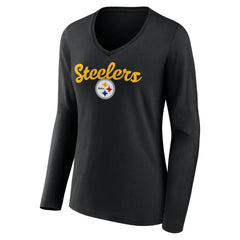 Pittsburgh Steelers Women's Freehand Team Long Sleeve V-Neck T-Shirt - Black for sale