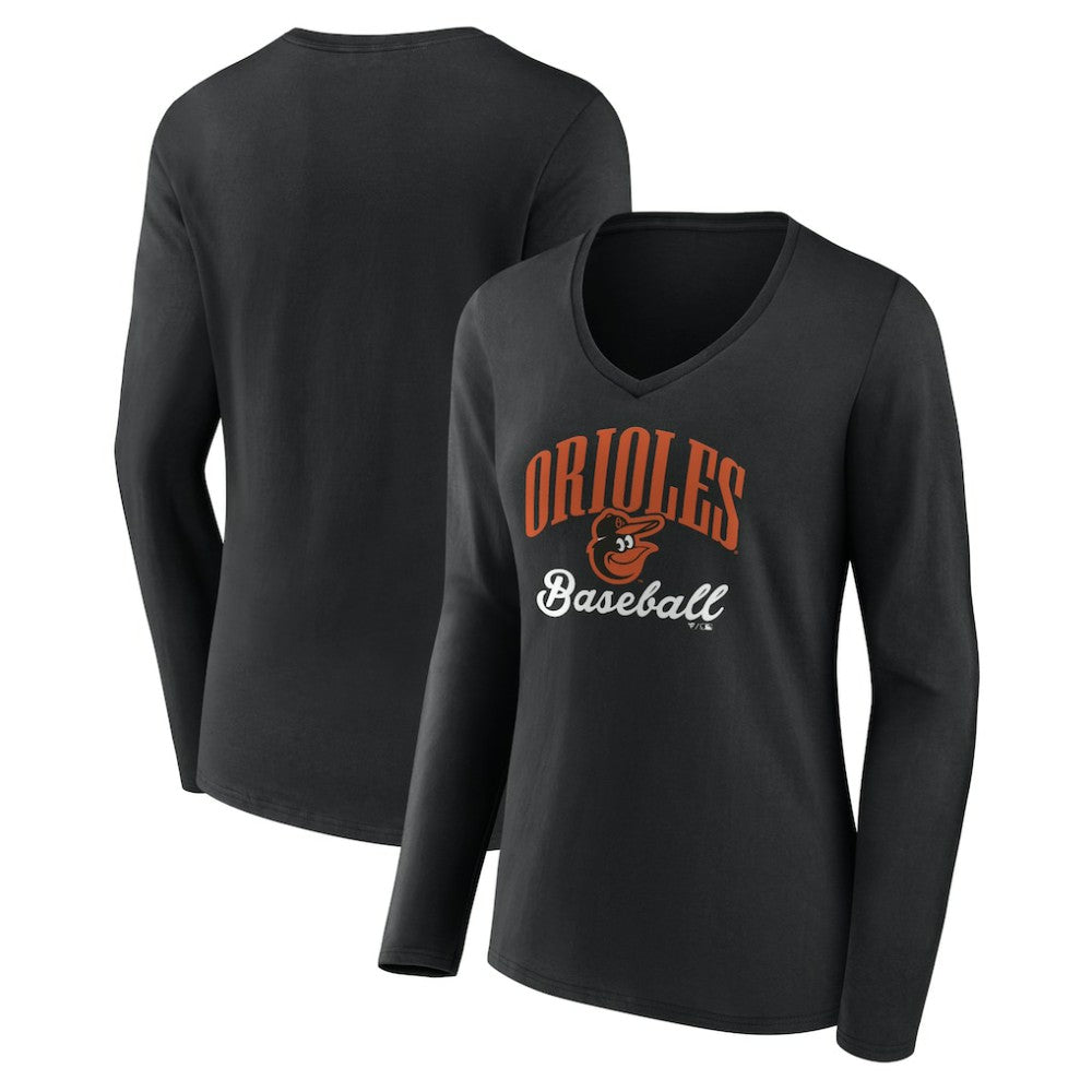 Baltimore Orioles Women's Victory Script Long Sleeve V-Neck T-Shirt Black