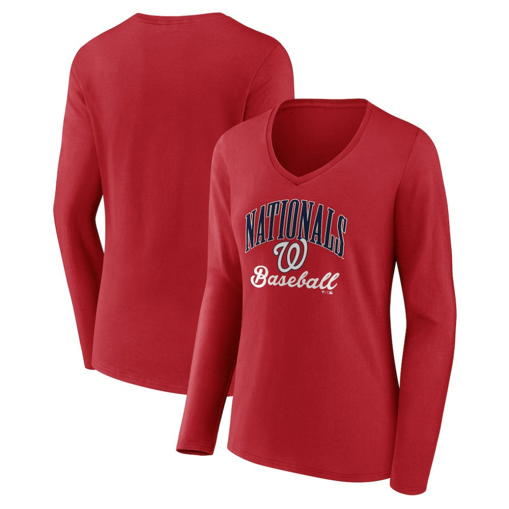 Washington Nationals Women's Victory Script Long Sleeve V-Neck T-Shirt Red