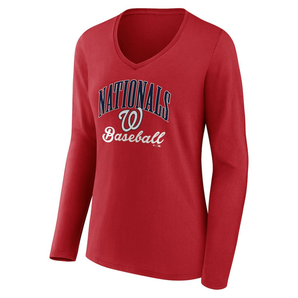 Washington Nationals Women's Victory Script Long Sleeve V-Neck T-Shirt Red