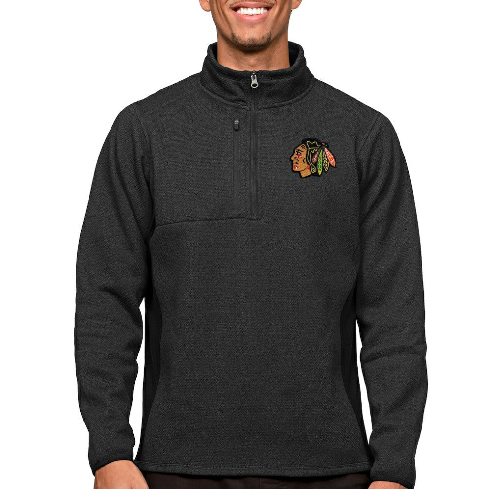 Chicago Blackhawks Antigua Course Quarter-Zip Pullover Top - Heather Black Pullover