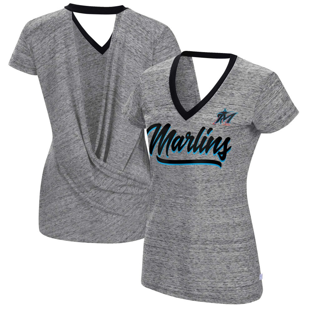 Miami Marlins Touch Women's Halftime Back Wrap Top V-Neck T-Shirt Black