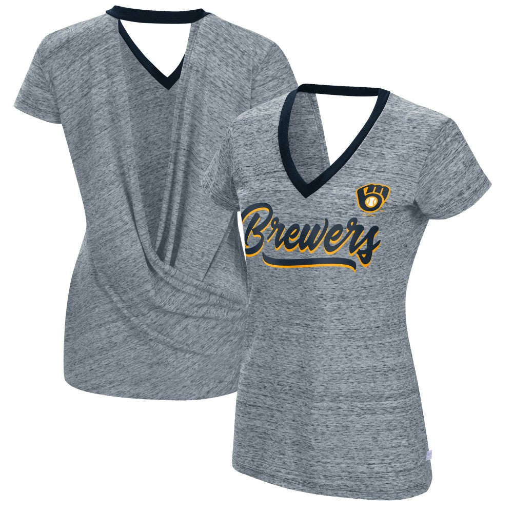 Milwaukee Brewers Touch Women's Halftime Back Wrap Top V-Neck T-Shirt Navy