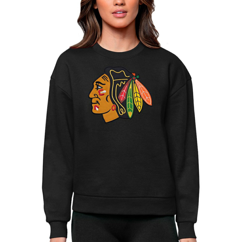 Chicago Blackhawks Antigua Women's Team Logo Victory Crewneck Pullover Sweatshirt - Black Sweatshirts