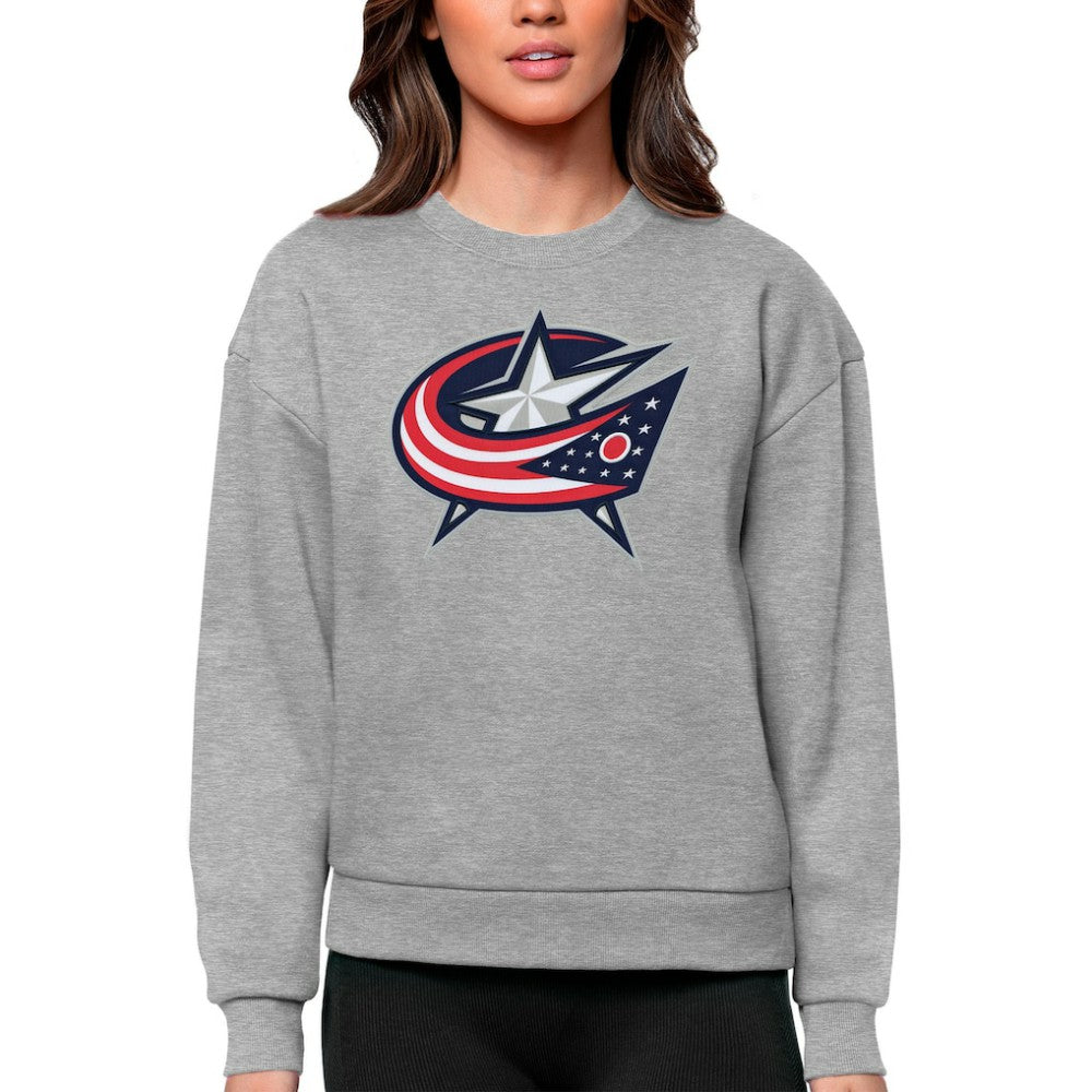 Columbus Blue Jackets Antigua Women's Team Logo Victory Crewneck Pullover Sweatshirt - Heather Gray Sweatshirts