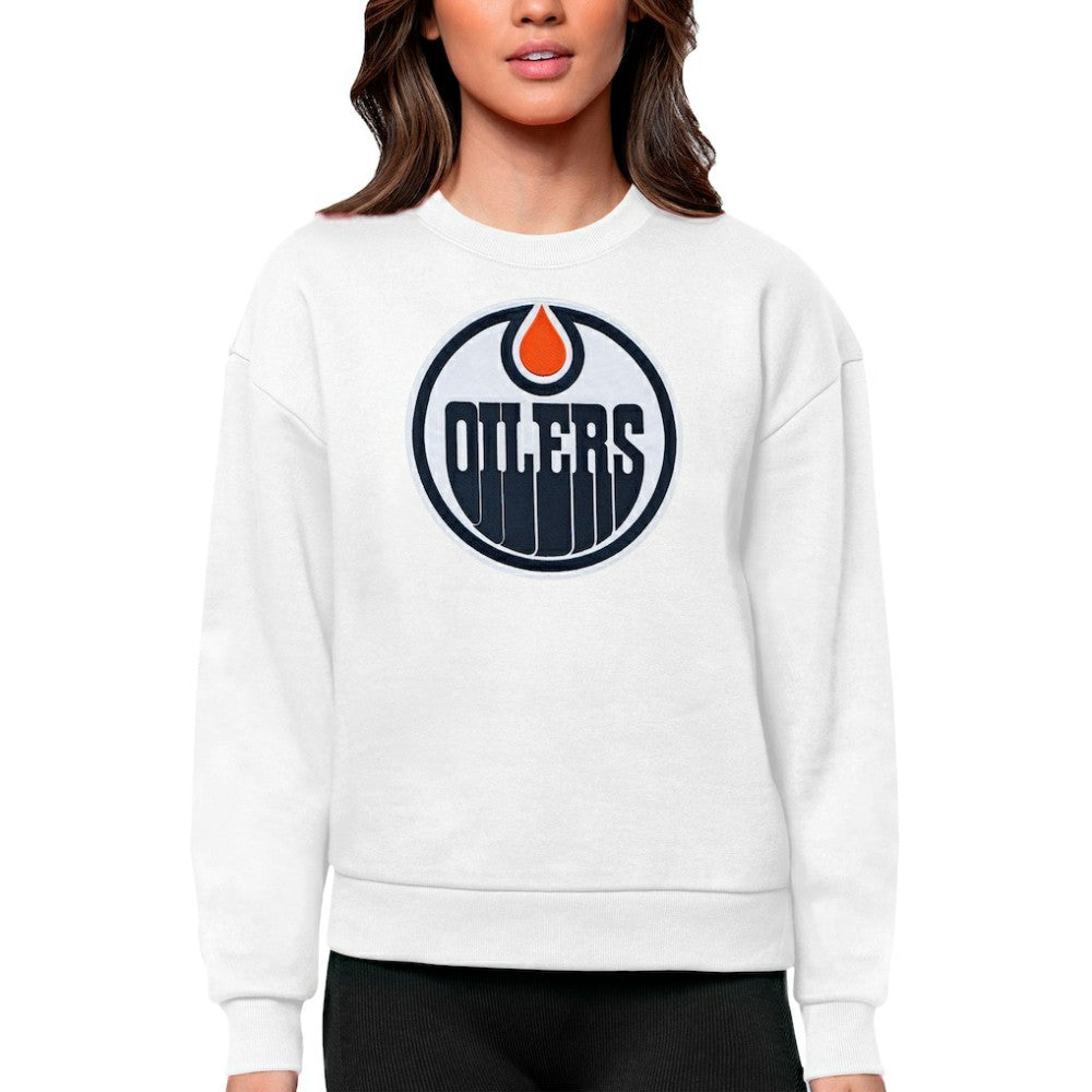 Edmonton Oilers Antigua Women's Team Logo Victory Crewneck Pullover Sweatshirt - White Sweatshirts