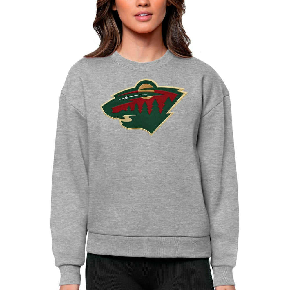 Minnesota Wild Antigua Women's Team Logo Victory Crewneck Pullover Sweatshirt - Heather Gray Sweatshirts