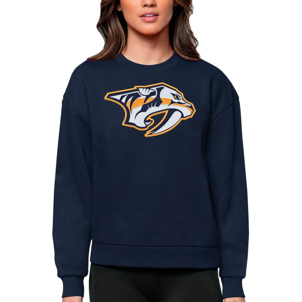 Nashville Predators Antigua Women's Team Logo Victory Crewneck Pullover Sweatshirt - Navy Sweatshirts