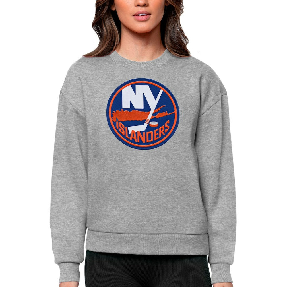 New York Islanders Antigua Women's Team Logo Victory Crewneck Pullover Sweatshirt - Heather Gray Sweatshirts