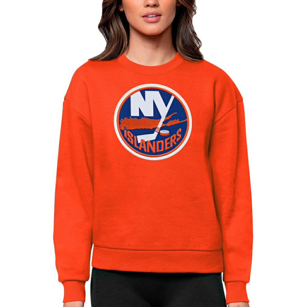 New York Islanders Antigua Women's Team Logo Victory Crewneck Pullover Sweatshirt - Orange Sweatshirts