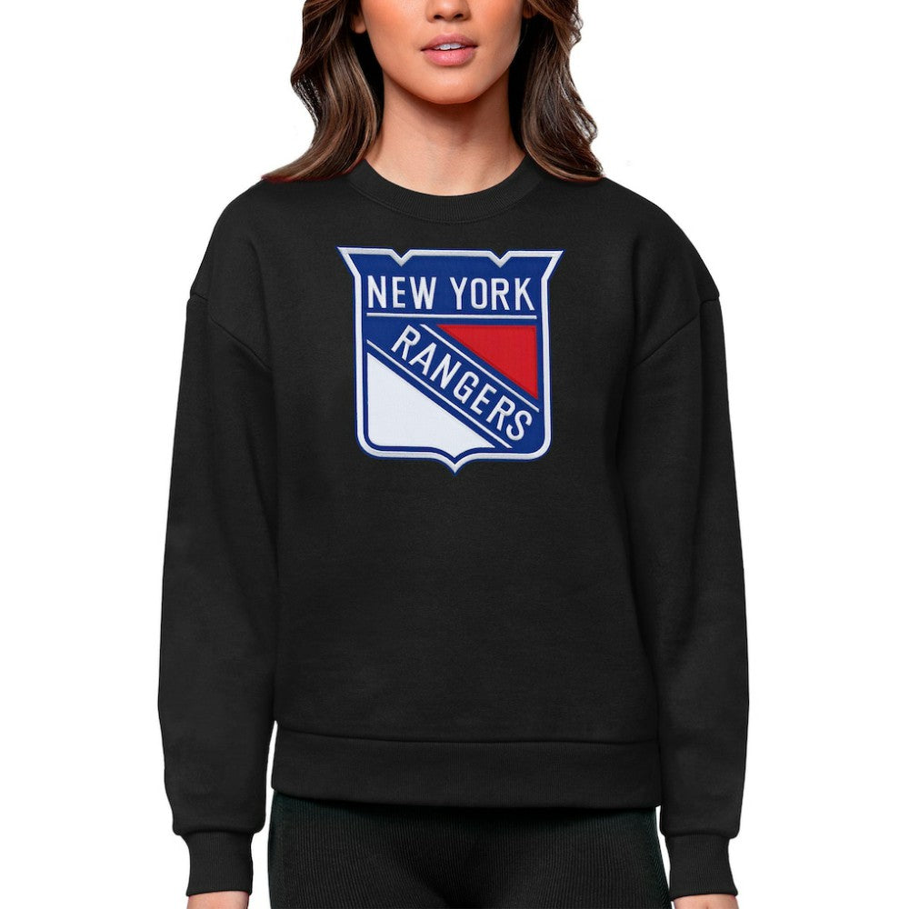 New York Rangers Antigua Women's Team Logo Victory Crewneck Pullover Sweatshirt - Black Sweatshirts