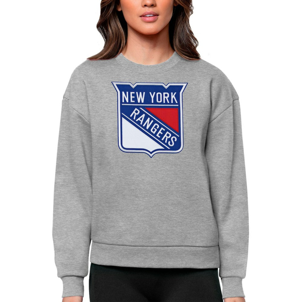 New York Rangers Antigua Women's Team Logo Victory Crewneck Pullover Sweatshirt - Heather Gray Sweatshirts