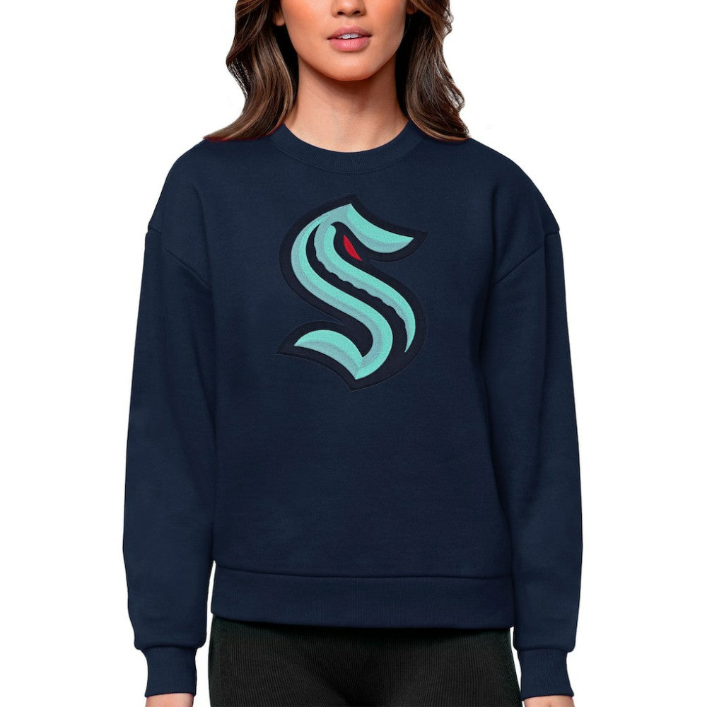 Seattle Kraken Antigua Women's Team Logo Victory Crewneck Pullover Sweatshirt - Navy Sweatshirts