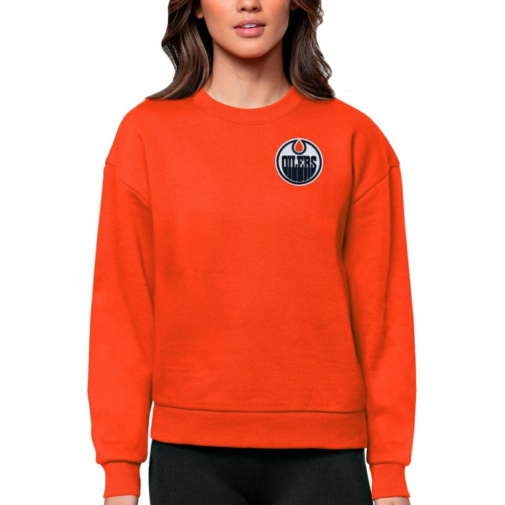 Edmonton Oilers Antigua Women's Victory Crewneck Pullover Sweatshirt - Orange Sweatshirts