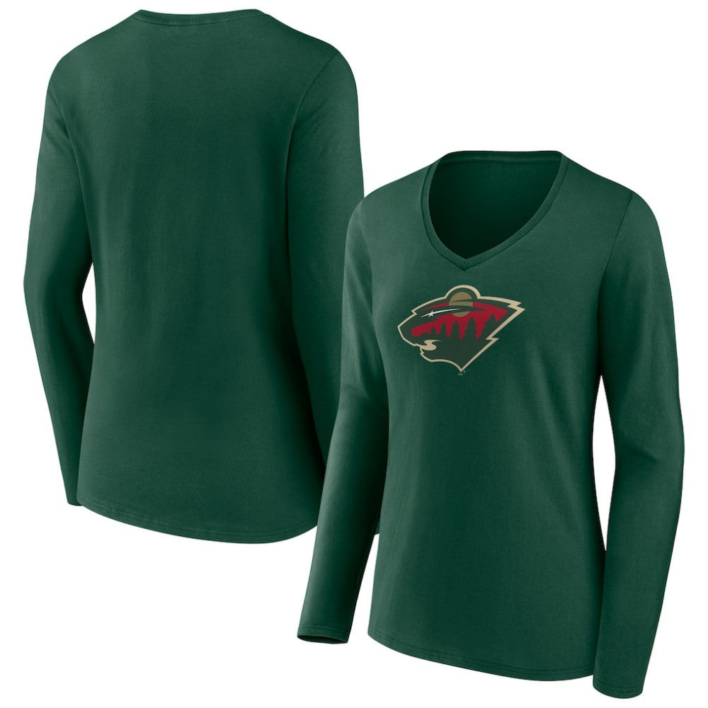 Minnesota Wild Women's Team Logo Long Sleeve V-Neck T-Shirt - Green T-shirts