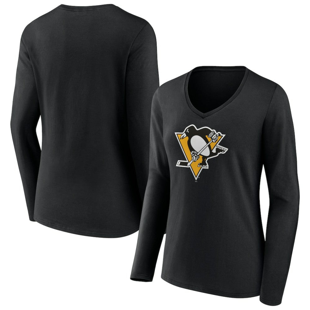 Pittsburgh Penguins Women's Team Logo Long Sleeve V-Neck T-Shirt - Black T-shirts