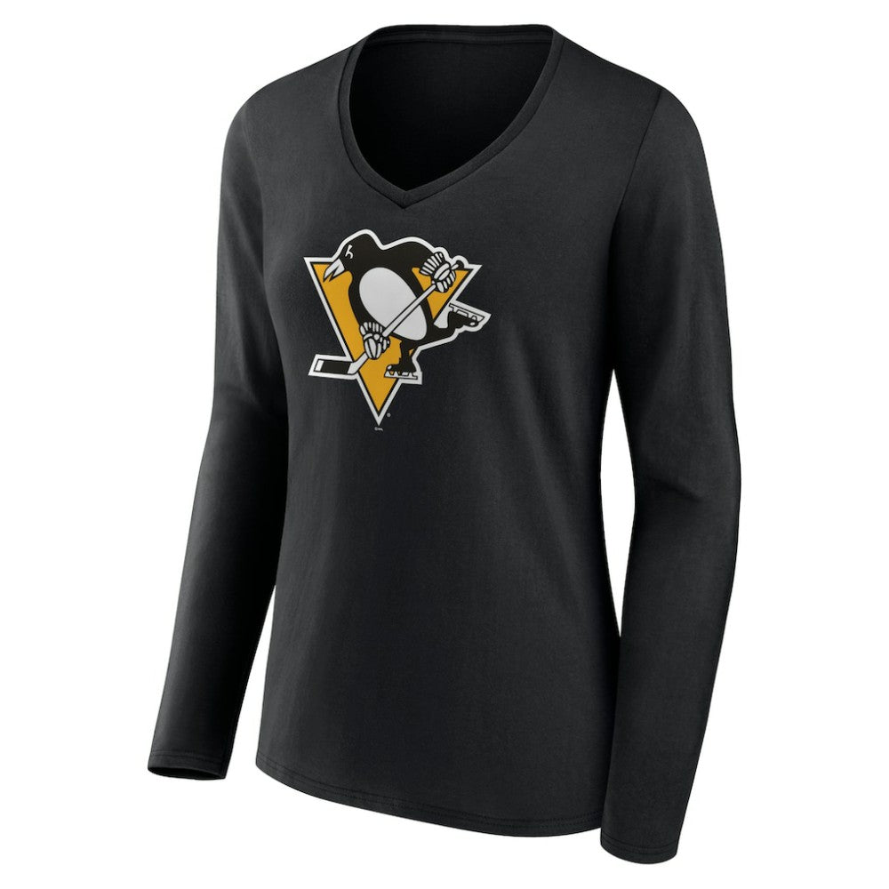Pittsburgh Penguins Women's Team Logo Long Sleeve V-Neck T-Shirt - Black T-shirts