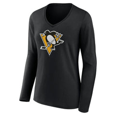 Pittsburgh Penguins Women's Team Logo Long Sleeve V-Neck T-Shirt - Black T-shirts