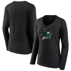 San Jose Sharks Women's Team Logo Long Sleeve V-Neck T-Shirt - Black T-shirts
