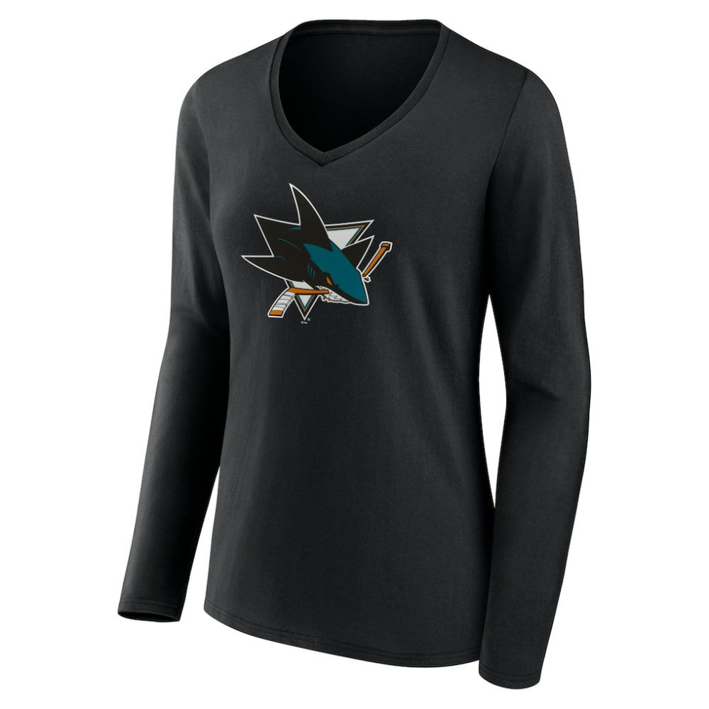 San Jose Sharks Women's Team Logo Long Sleeve V-Neck T-Shirt - Black T-shirts