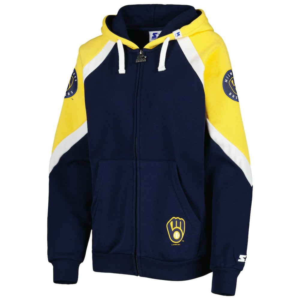 Milwaukee Brewers Starter Women's Hail Mary Full-Zip Hoodie Navy/Gold