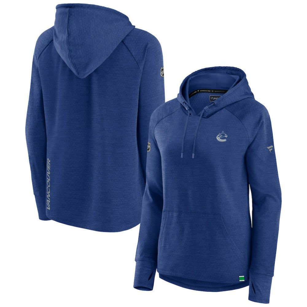 Vancouver Canucks Fanatics Women's Authentic Pro Pullover Hoodie - Heather Blue Hoodies
