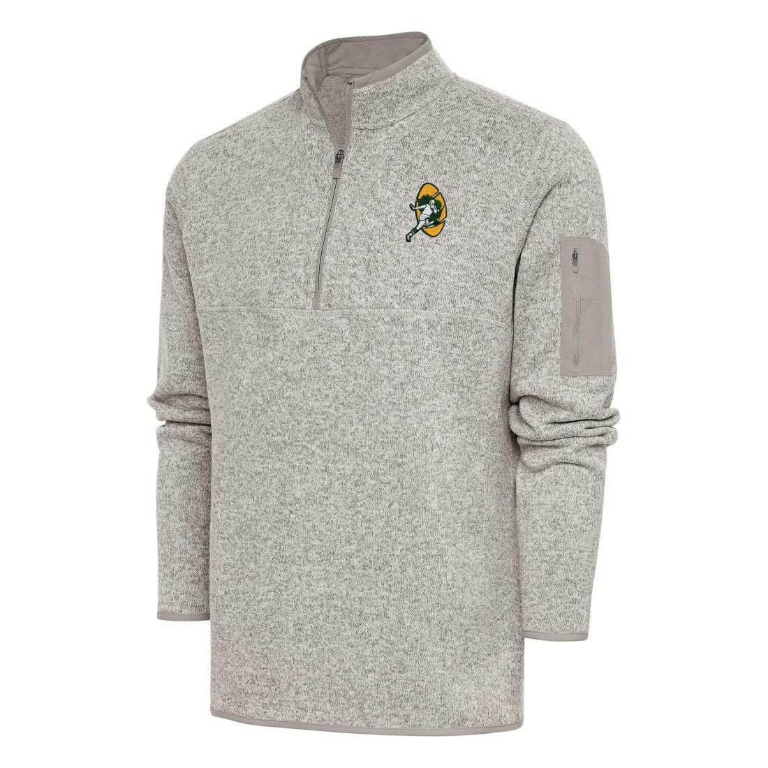 Green Bay Packers Antigua Throwback Fortune Quarter-Zip Pullover Jacket - Oatmeal on sale