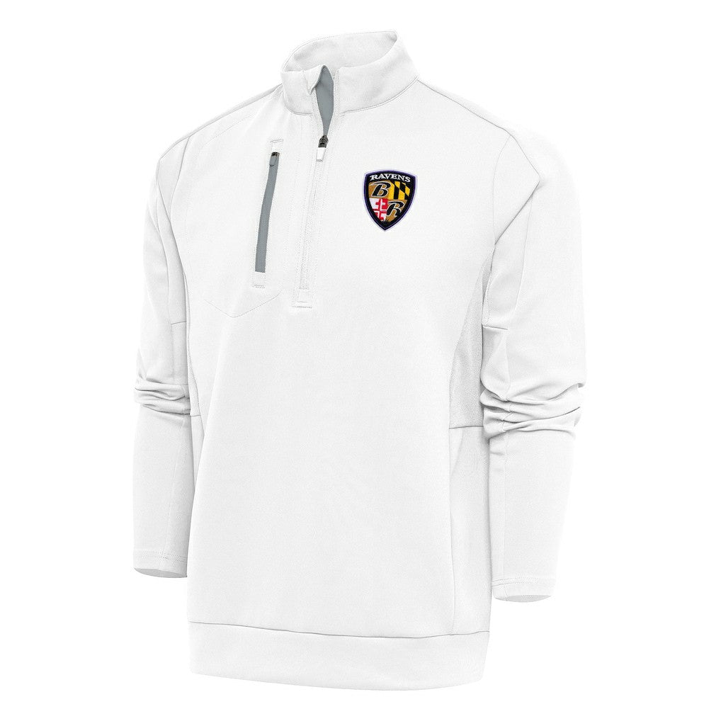Baltimore Ravens Antigua Team Logo Throwback Generation Quarter-Zip Pullover Top - White on sale